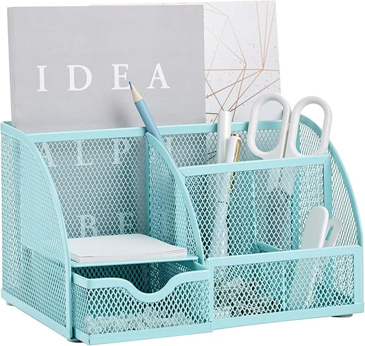 Annova Mesh Desk Organizer Office with 7 Compartments + Drawer/Desk Tidy Candy/Pen Holder/Multifunctional Organizer (Turquoise)