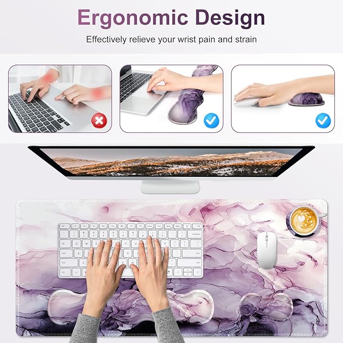 Gaming Mouse Pad Keyboard Wrist Support, 4 in1 Mousepad Set with Wrist Keyboard Rest, Computer Desk Mat, Non-Slip Desk Pad Protector with Memory Foam Easy Typing Pain Relief I Purple Marble