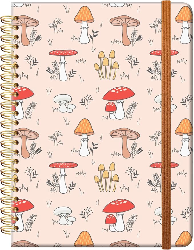 Ruled Spiral Writing Notebook,A5 Hardcover Lined College Journal for Women,Strong Twin-Wire Binding with Premium Paper,8.4" X 6",Perfect for School,Office,Home(Pink Mushroom)
