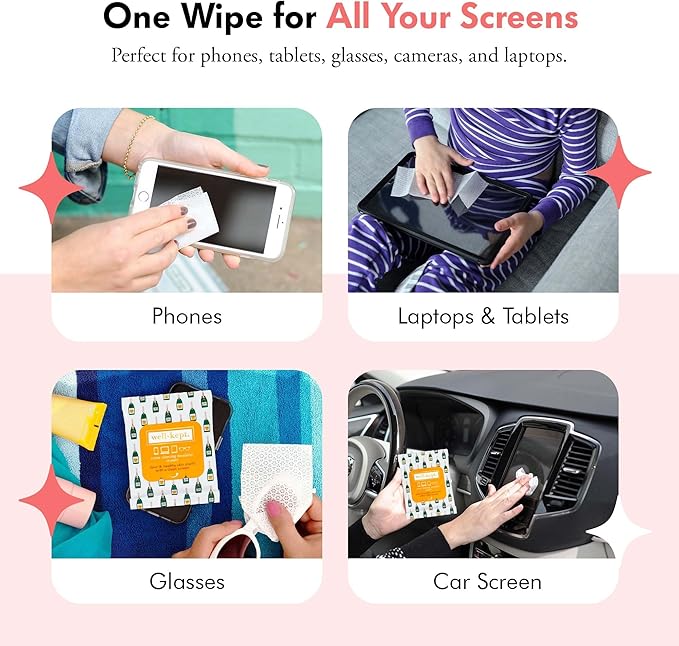 Well-Kept Tech & Lens Wipes - Eyeglass, Screen & Phone Cleaning, Multi-Surface, Lint-Free, Pre Moistened, Streak-Free & Non Scratching - Bubbly, 6 Pack (90 Count)