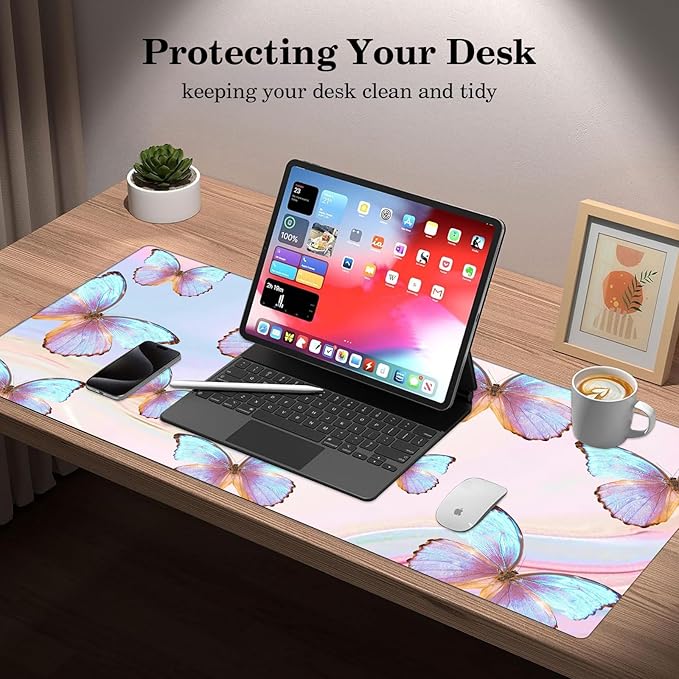 Butterfly Desk Pad Protector, Stitched Edges Mouse Pad, Large Office Mat, Non-Slip Blotter, Laptop Pad, Writing Pad for Office and Home (31.5" x 15.7")
