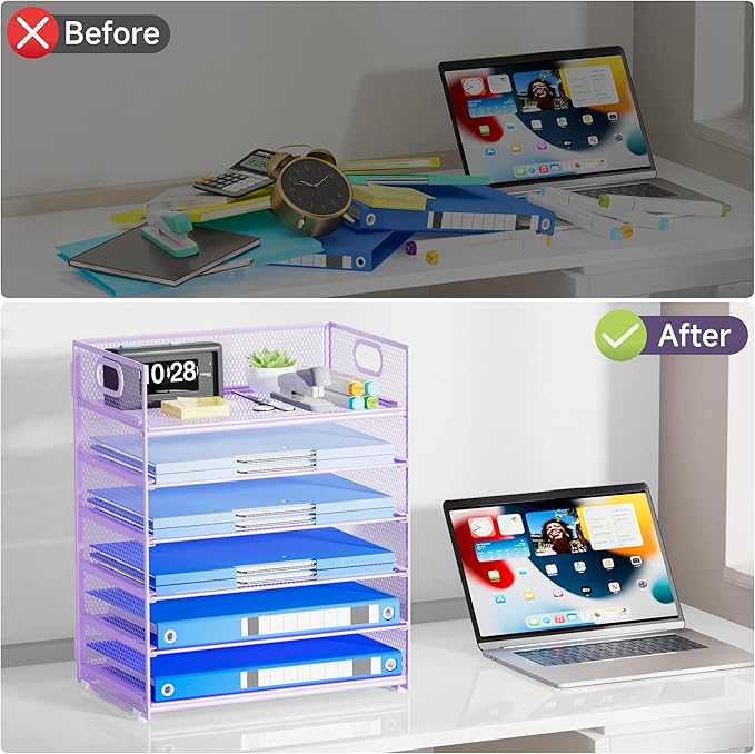 6-Tier Mesh Desktop File Organizer Letter Size Paper Tray with Handle Metal Construction Purple