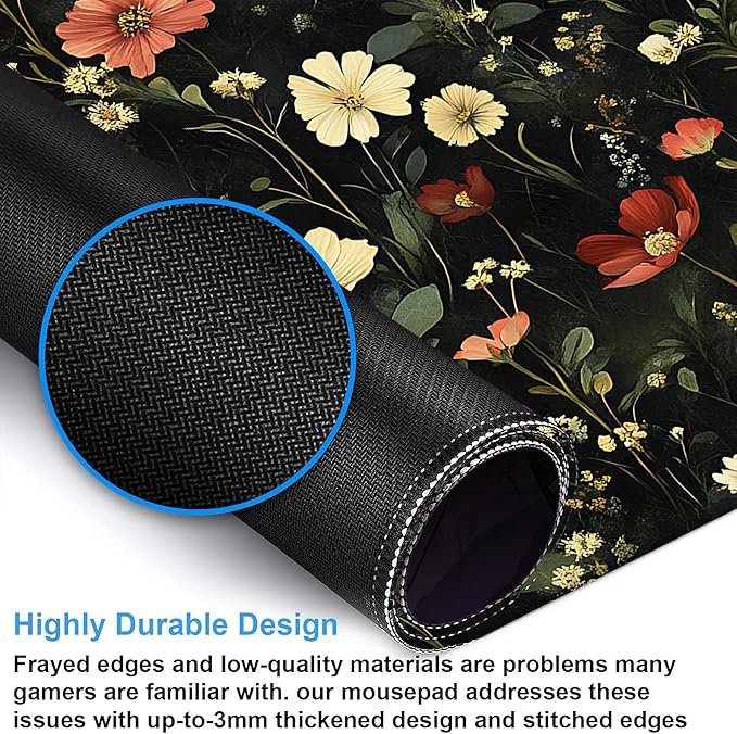 Desk Pad, Colorful Wildflowers Floral XXL Gaming Mouse Pad with Stitched Edges,Non-Slip Waterproof Rubber Base Large Desk Mat for Keyboard and Mouse 35.4"x15.7"