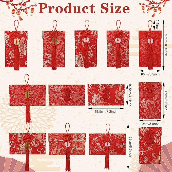 13PCS Silk Red Envelope Chinese Red Pocket Lucky Money Hong Bao Card Envelope for Spring Festival Wedding New Year Birthday,13 Styles with Chinese Knot Jade Pendant Copper Coin