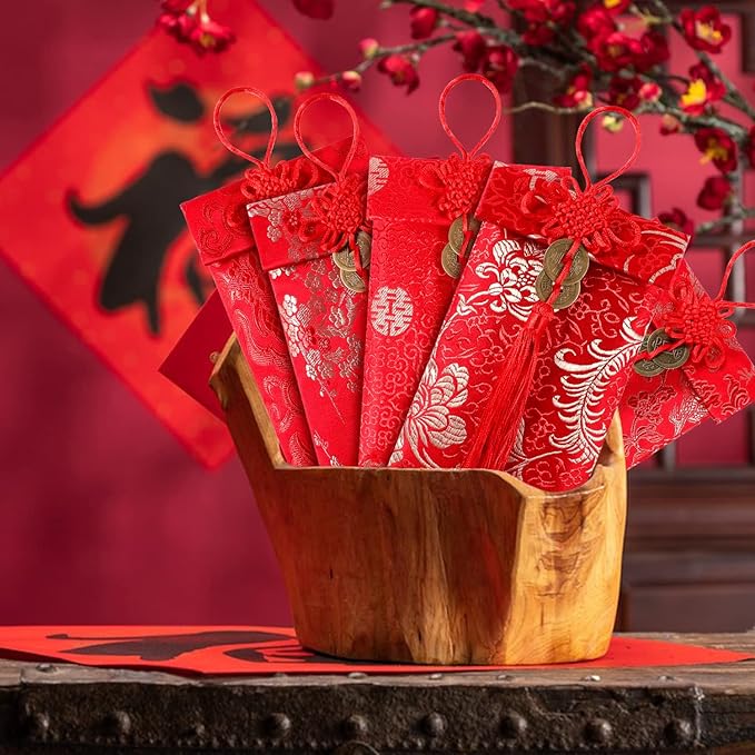 12 Pieces Silk Red Envelope Chinese Red Pocket Lucky Money Hong Bao Card Envelope for Spring Festival Wedding New Year Birthday, 12 Styles with Chinese Knot Jade Pendant Copper Coin