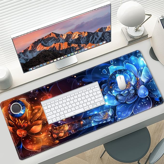 AIMSA Desk Mat Set, Large Gaming Mouse Pad with Wrist Rest, Ergonomic Mouse Pad and Keyboard Mat Wrist Support for Home Office Desk Accessories Decor -Fire and Ice Flower