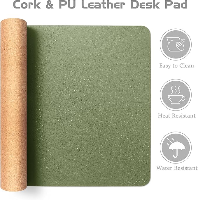 Aothia Dual-Sided Desk Pad - Leather Desk Mat, Natural Cork Desk Pad Protector, Large Mouse Pad for Desk, Waterproof Desk Blotter Pad, Desk Writing Pad for Office Work/Home, Olive Green (37.8"x17")