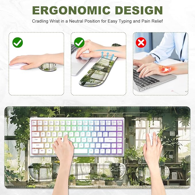 Large Mouse Pad and Keyboard Wrist Rest, Extended Mouse Pad with Wrist Support Ergonomic, Non-Slip Desk Mat, Desk Protector Blotter for Home Office, Window Green Plants