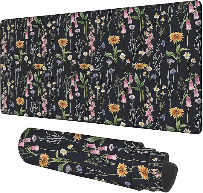 Large Mouse Pad Field Flowers Gaming Desk Pad Computer Keyboard Non-Slip Waterproof Mouse Mat with Rubber Base and Stitched Edges Entertainment Office Writing Desk Mat 35.4 x 15.7 Inches