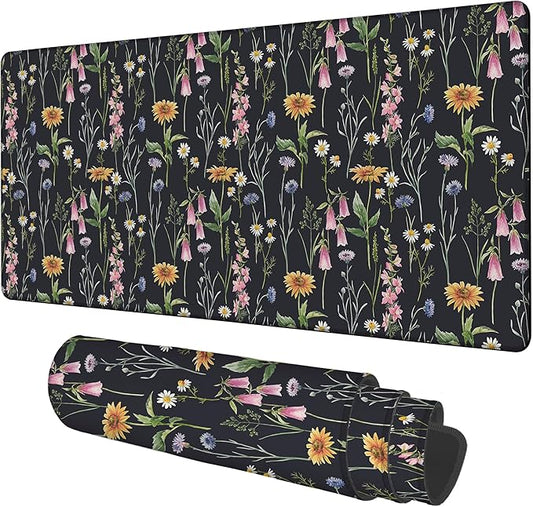 Large Mouse Pad Field Flowers Gaming Desk Pad Computer Keyboard Non-Slip Waterproof Mouse Mat with Rubber Base and Stitched Edges Entertainment Office Writing Desk Mat 35.4 x 15.7 Inches