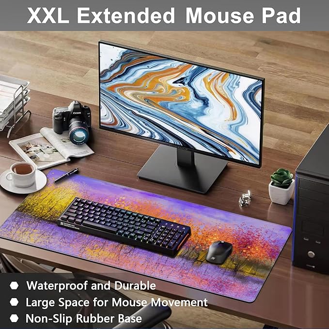 Mouse Pad, Large Colorful Autumn Trees Desk Mat, Extended Non-Slip Gaming Keyboard Mousepad Desk Pad, Thick Stitched Edges Waterproof Mouse Mat 31.5"x15.7" (Fall Nature Landscape Oil Painting)