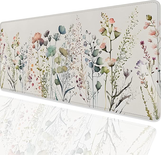 Watercolor Plant Flowers Desk Pad Mouse Pad,Floral Prints Extended Large Gaming Mouse Mat with Stitched Edges,Non-Slip Waterproof Rubber Base Mousepad for Office Work Home(27.5X11.8 in)