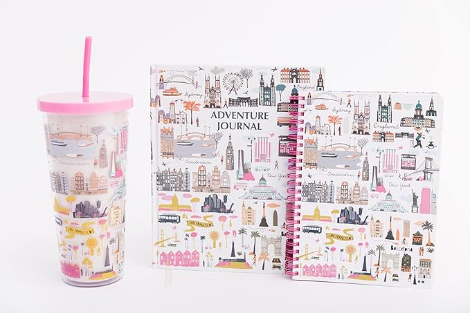 Steel Mill & Co Cute Mini Spiral Notebook, 8.25" x 6.25" Journal with Durable Hardcover and 160 Lined Pages, Travel Icons