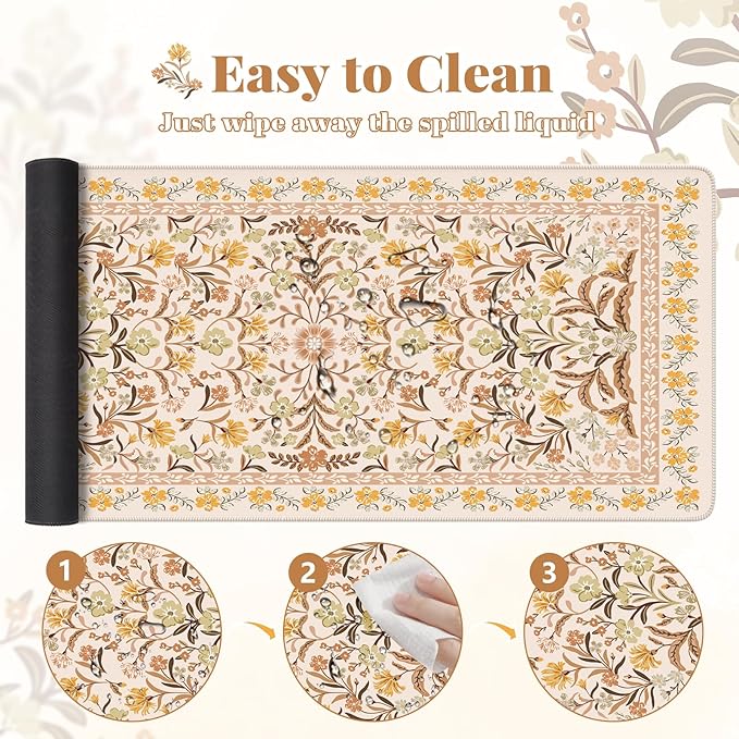 HAOCOO Large Mouse Pad for Desk, Keyboard Mat with Stitched Edge, Floral Desk Mat, Cute Desk Pad Large, Non-Slip Computer Desk Mat for Women Office (Brown)