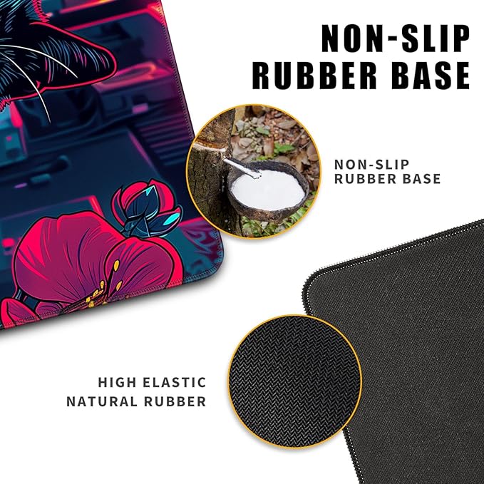 Japanese Black Cat Mouse Desk Pad Kawaii Red Anime Desk Mat Desk Decor Large Gaming Mouse Pad for Tokyo Neon Desk Mousepad Computer Office Keyboard Laptop Big Floral Mouse Pad Xl-31.5x11.8 in