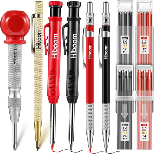 Hiboom 10 Pack Carpenter Pencils Mechanical Set, Construction Pencils with 36 Refill, Automatic Center Punch and Carbide Scribe Tool, Mechanical Pencil for Woodworking, Best Carpenters Marking Tool