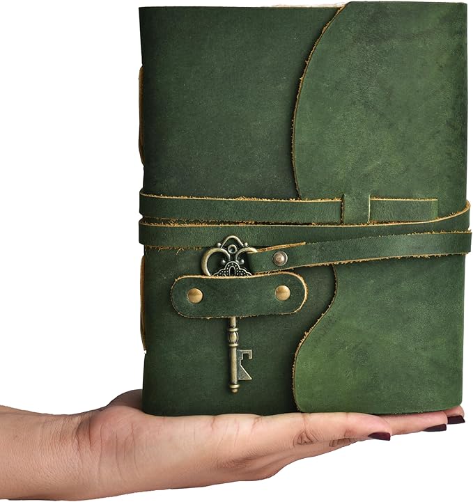 LEATHER VILLAGE Vintage Leather Journal – 200 Handmade Vintage Deckle Edge Paper – Leather bound Journal For Women Men – Vintage Key Closure - Book of Shadows - Green - 10X7 inches