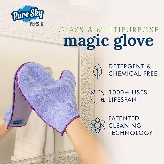 persik Pure-Sky Ultra Microfiber Cleaning Glove – JUST ADD Water No Detergents Needed - 2-in1, Combination for Glass and Multipurpose – Streak Free Magic Window Polishing Glove - Removes Stains, Dust