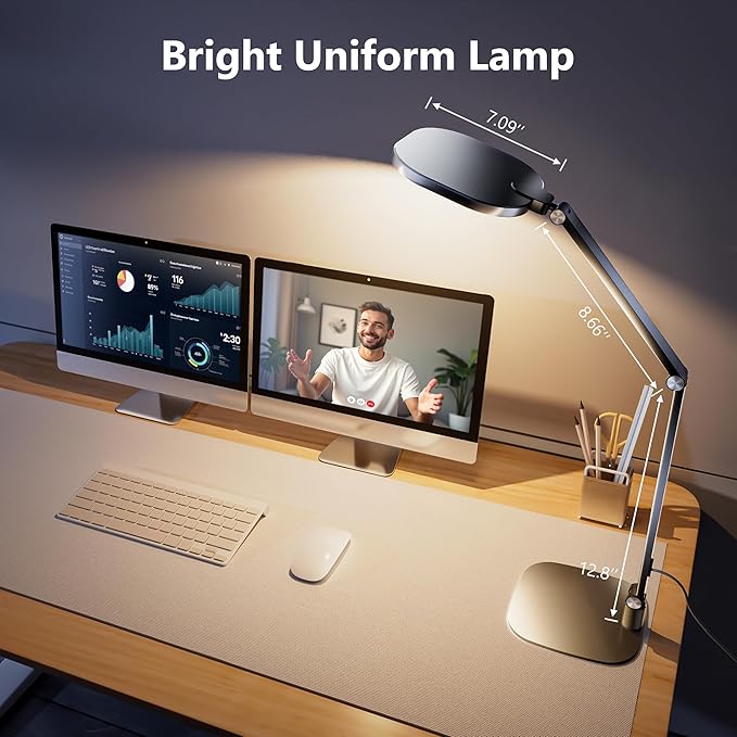 LED Desk Lamp for Home Office, 15W Computer Zoom Lighting with Swing Arm, Memory & Timer Function, Dimmable Desktop Ring Light for Video Calls, Conference, Reading, Streaming, Podcasting