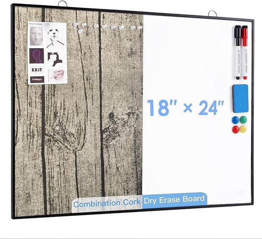ARCOBIS Cork Board White Board Combo, 24"X18" Linen Bulletin Board Whiteboard for Wall, Double-Sided Magnetic Dry Erase Corkboard for Home, Office, School, Rustic Grey