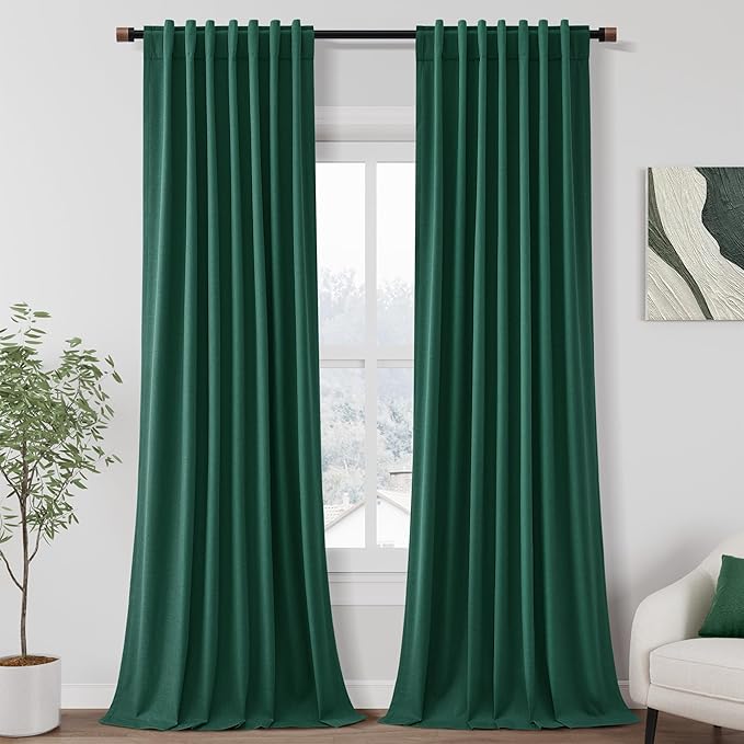 Dark Green Linen Curtain 108 Inches Long 2 Panel Set Blackout Curtains with Back Tab Pocket Cotton Textured Room Darkening Noise Reducing Drapes for Bedroom Cottage High Window 52x108