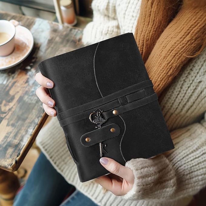 LEATHER VILLAGE Vintage Leather Journal – 200 Handmade Vintage Deckle Edge Paper – Leather bound Journal For Women Men – Vintage Key Closure - Book of Shadows - Black - 13X8 inch