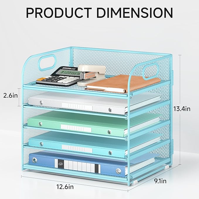 Lavatino Desk Letter Tray Paper Organizer for Desk 5-Tier with Handle Mesh Desktop File Organizer Paper Holder for Classroom Office Accessories - Blue