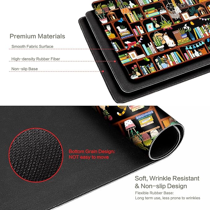 Vimorco Desk Mat Mouse Pad Cozy Cats, Cute Cat XXL Extended Large Gaming Desk Pad Mousepad, Computer Laptop Keyboard Mouse Mat for Work/Game/Office/Home 31.5x15.7 in, Bookshelf Greenery