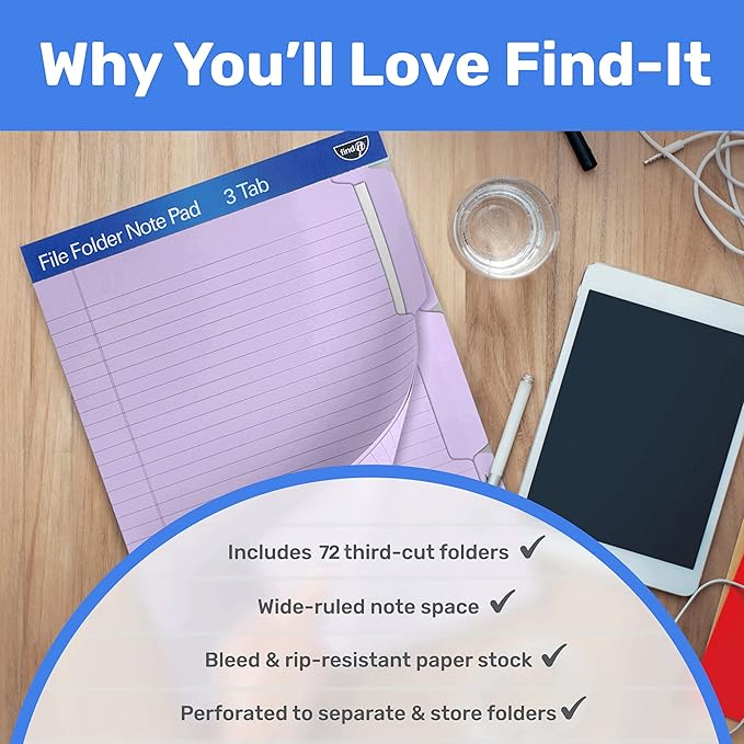 Find It File Folder Notepad - Pack of 36-9.5 x 12.5 Inch Notebook Organizer Folders for Filing, Document, and Clipboard Organization - Lavender