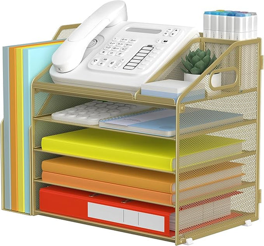 DocNest 5 Tier Paper Letter Tray File Organizer, Mesh Desk File with Handle, Workspace Desk Organizers with Pen Holder, Office Organization Storage Accessories - Gold Yellow