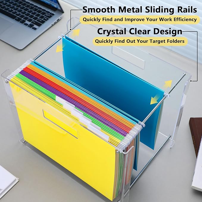 24 Hanging File Folder with Acrylic Organizer for Letter/a4 Size Desktop Clear File Storage Box with Handles for Home Work Office Use(Rainbow,Classic)