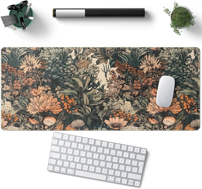Flower Vintage Desk Pad Aesthetic Desk Mat Flower Mouse Pad Computer Big Mousepad Non-Slip Base Gaming Keyboard Giant Mouse Pad Computer Mat for Laptop Office with Stitched Eges 31.5x11.8 in
