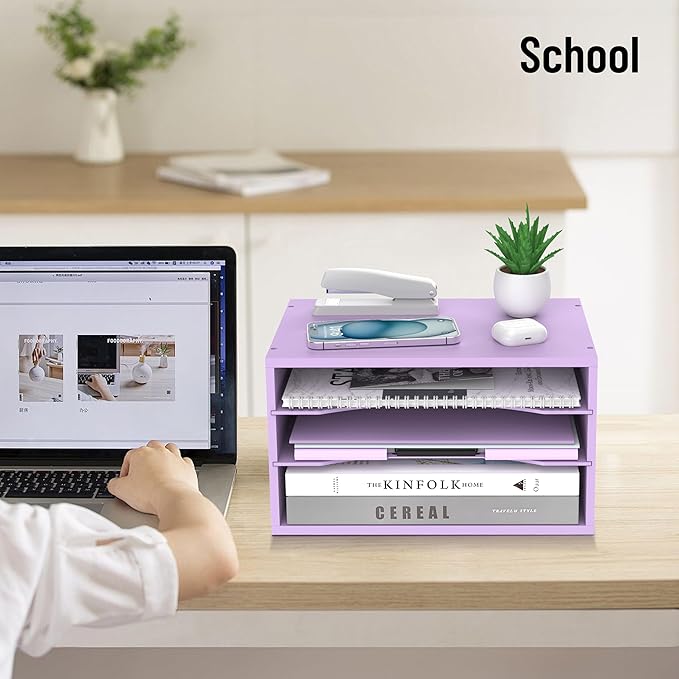 Wood Desk Organizer, 3 Tier Paper Tray Organizer for Desk with Adjustable Storage Shelves, Desktop Paper Sorter Mail Holder for Office Home Classroom, Purple