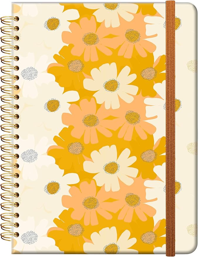 Ruled Spiral Writing Notebook,A5 Hardcover Lined College Journal for Women,Strong Twin-Wire Binding with Premium Paper,8.4" X 6",Perfect for School,Office,Home(Yellow Flower)