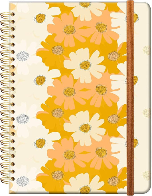 Ruled Spiral Writing Notebook,A5 Hardcover Lined College Journal for Women,Strong Twin-Wire Binding with Premium Paper,8.4" X 6",Perfect for School,Office,Home(Yellow Flower)