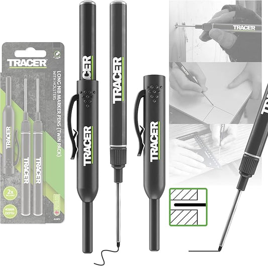 Tracer 40-50mm Long Nib Marker with Holster 2 Pack - Woodworking Tools - Deep Hole Work Pen For Wood, Plastic - Tile and Metal - Extended Nose Marking Pens Deep Nose Marker Carpenter Tools - ALNP2
