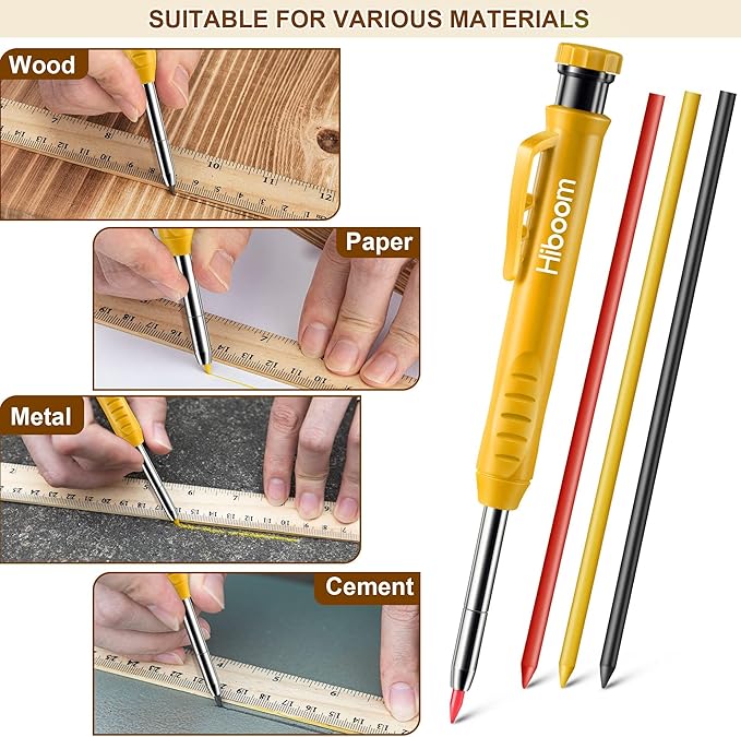 Hiboom 2 Pack Solid Carpenter Pencils with Pencil Cap and 18 Refills, Long Nose Deep Hole Mechanical Pencil Marker, Scribe Tool with Built-in Sharpener for Construction Woodworking Architect (Yellow)