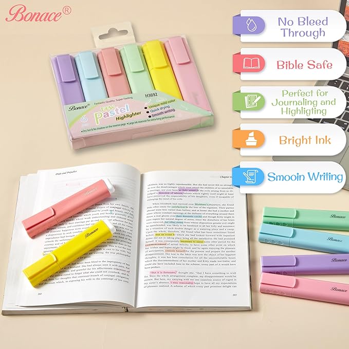 Pastel Highlighters,Chisel Tip Marker Pen,6 Assorted Macaron Colors Highlighter Pens,Mini Markers,Water Based, Quick Dry,Back to School Supplies