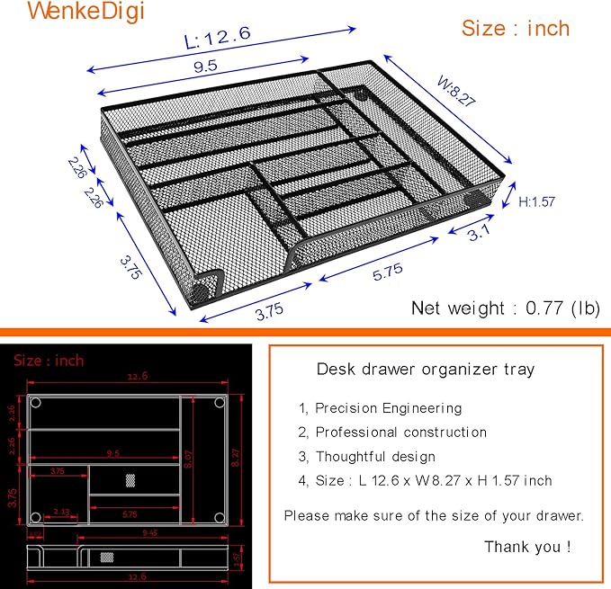 New Desk Drawer Organizer, Desk Organizer,Metal Mesh Office Drawer Organizer Tray, 6 Compartments for Office School Home,12.6 x 8.27 x 1.57 inch, Black (1pc pack)