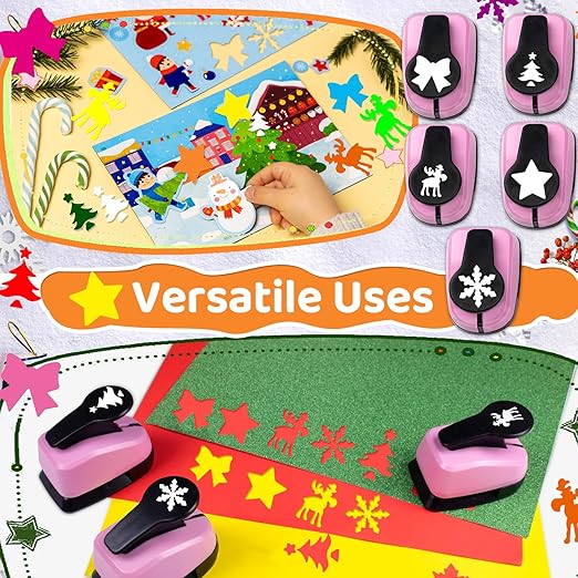 Christmas Hole Punch Set, 5 Pcs Different Shape Hole Punches for Paper Craft, 1 Inch Christmas Snowflakes/Tree/Bow Tie/Moose/Star Puncher for Scrapbook, Gifts, Festival Cards, Decorations, DIY Arts
