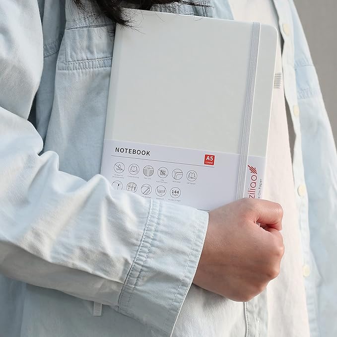 Deziliao Lined Journal Notebooks with Pen Loop, Hardcover Notebook Journal for Work, 100Gsm Premium Thick Paper with Inner Pocket, Medium 5.7"x8.4", （White, Ruled）