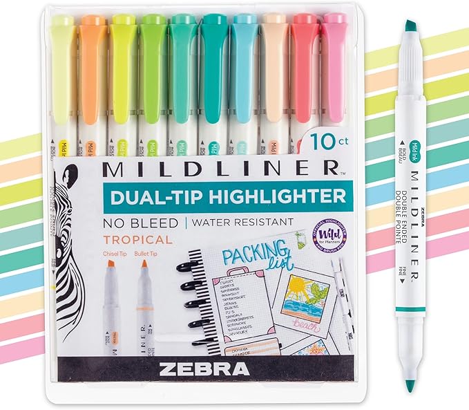 Zebra Pen Mildliner Dual-Tip Highlighter Set, Broad and Fine Point Tips, Ideal for Bible Highlighting, No Bleed, School Supplies and Office Supplies, Tropical Bisque Ink Colors, 10-Pack (78301)