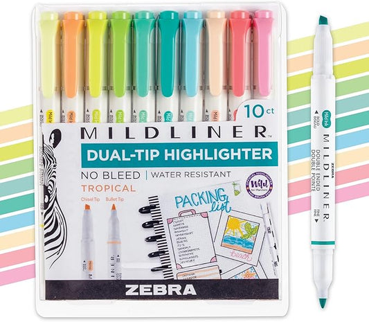 Zebra Pen Mildliner Dual-Tip Highlighter Set, Broad and Fine Point Tips, Ideal for Bible Highlighting, No Bleed, School Supplies and Office Supplies, Tropical Bisque Ink Colors, 10-Pack (78301)