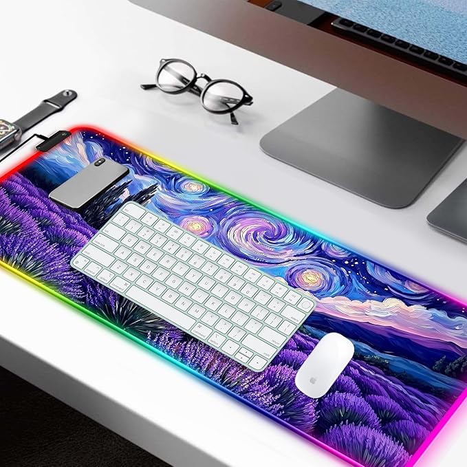 RGB Fantasy Starry Night Lavender Field Gaming Desk Mat, Computer Keyboard Large Extended Long Floral LED Mouse Pad for Office and Home, XL (W27)
