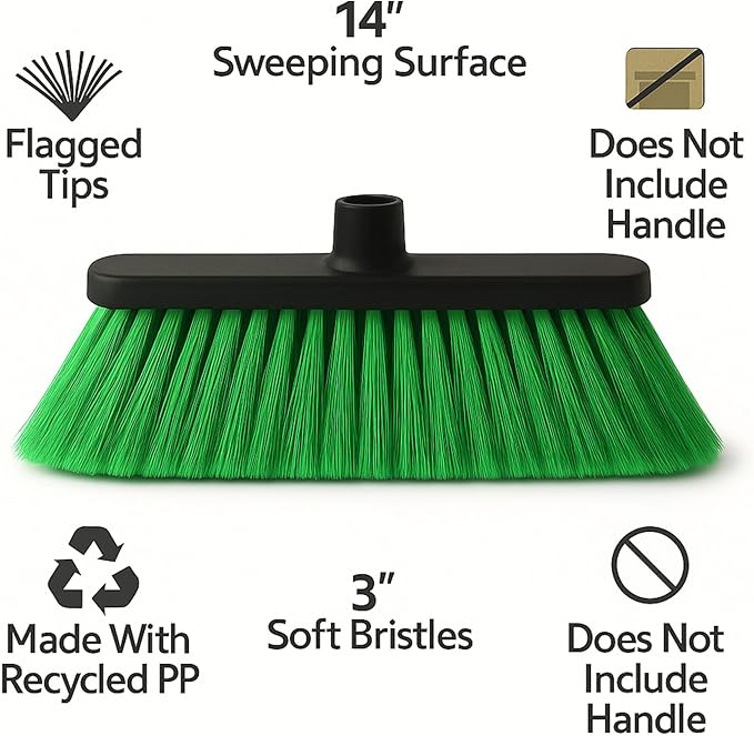 Healing Atlas Aria Green Broom Head – 13” Sweeping Width – Soft/Firm Magnetic Flagged Bristles – Universal Thread – Recycled PP – Daily Indoor Sweeper (Green, ARIA)