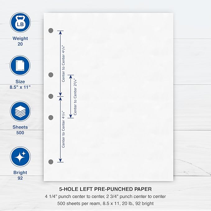 PrintWorks Professional 5 Hole Punch Left Paper - Pre-Punched for Folders & Binders - Made in the USA - 500 Sheets - 8.5" x 11" - 20 lb - 92 Bright White (04340)