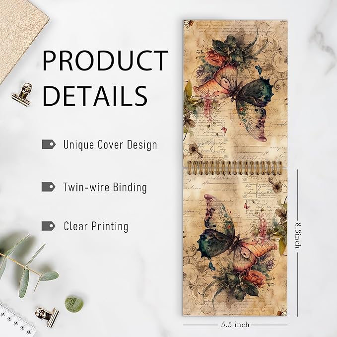 Vintage Butterfly Top Spiral Notebook, Butterfly Journal, Butterfly Notebook, Butterfly Notebooks for School, Butterfly Floral Office Supplies Gifts for Women Girls Coworkers, 5.5x8.3In