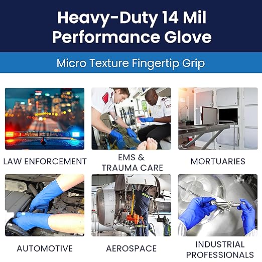 Adenna HERO Disposable Latex Gloves - 14 Mil, NFPA-Approved Heavy Duty Glove with 12" Extended Cuff & Micro-Textured Grip, Exam Grade, Powder Free, Pack of 50, Large, Blue