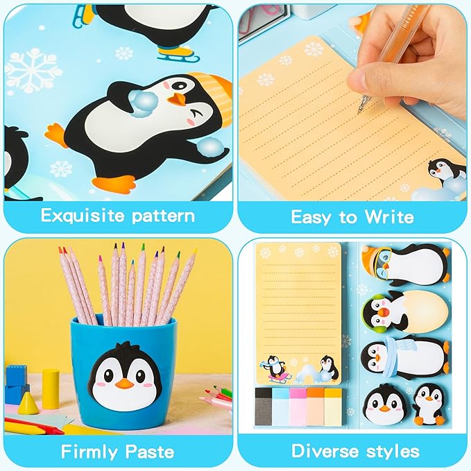 B1ykin Sticky Notes Set - Cartoon Theme Cute Self-Stick Notes Pad Teacher Appreciation Gifts， Self-Adhesive Writing Memo Pages Sticky to Do Notepad for Kids Employee School Office (Penguin)