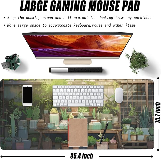 Desk Mat, Cute Lofi Green Extended Large Gaming Mouse Pad for Desk XXL, Non-Slip Rubber Base Stitched Edges Waterproof Long Computer Keyboard Desk Pad Mouse Mat for Home Office Gaming 35.4"X15.7"